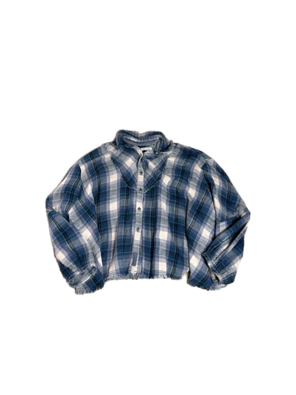 We The Free Blue and White Plaid Cropped Button-Down Shirt Oversized